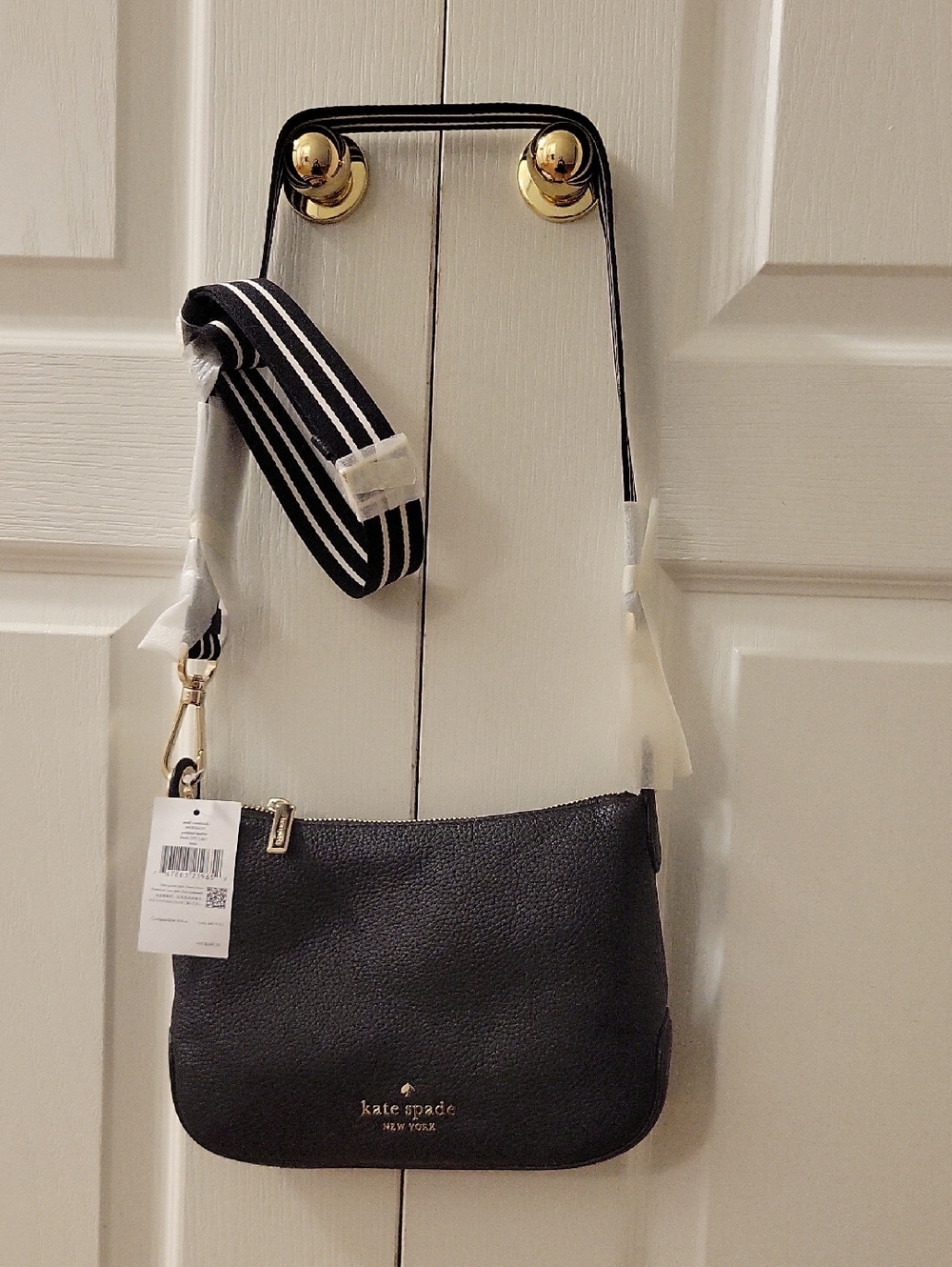 kate spade Black Pebbled Leather Small Rosie Crossbody with Striped Strap